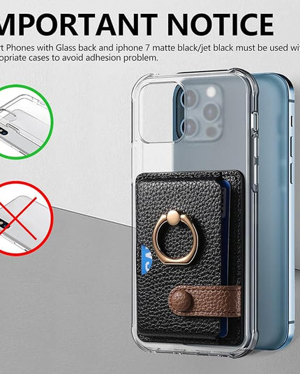 Wallet Stick on Phone Case, Credit Card Holder with Ring for Back of Phone Cases Flip Leather Wallet Sleeve Pouch Compatible with iPhone, Samsung Galaxy Android Most Smartphones Black