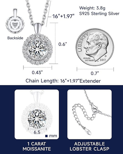 MomentWish Necklace for Women, Sparkling Gift for Her, 1Carat Moissanite Heart Pendent for Her, 925 Sterling Silver Dance Necklace for Anniversary Christmas Valentines