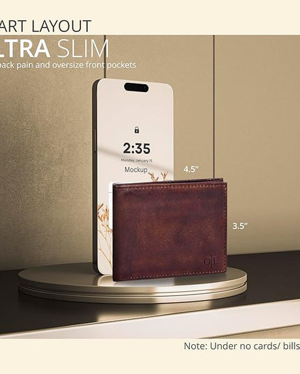 Oak Leathers Slim Leather Wallet for Men - RFID Blocking Slim Minimalist Front Pocket - Thin & Stylish with ID Window, Gift For Men (Vintage Brown)