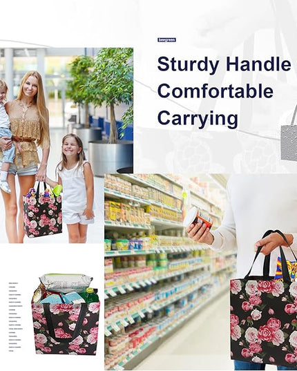 BeeGreen Flower Reusable Shopping Bags For Groceries 6 Pack- Large Foldable Tote Bags- Strong Handles for Heavy Groceries, Perfect for Supermarket, Farmers Market, and Storage Organization