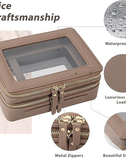 Aveniee Large Clear Makeup Bags, Double Layer Cosmetic Bags with Separate Brush Compartment,Travel Toiletry Bag Train Case,Travel Accessories Organizer for Women,2 Layers,Brown