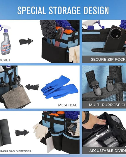 Wearable Cleaning Caddy, Cleaning Caddy Supplies Organizer with Handle & Shoulder Straps for Housekeepers, Under Sink & Car Cleaning Tool Organizers Bag with 4 Foldable Divider (Blue)