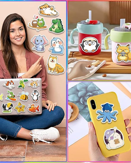 300 PCS Animal Stickers for Kids, Cute Waterproof Vinyl Stickers for Water Bottles, Laptops, Scrapbooks, and Classroom Rewards, Animal Cartoon Stickers Pack with Gift Box for Girls Boys Teens