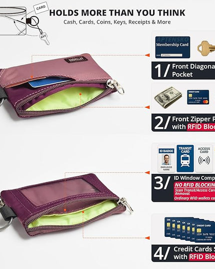 RFID Travel Wallet with Adjustable Lanyard-Zipper Small Wallet with ID Card Holder, Keychain for women&men-Minimalist Slim Waterproof Nylon case for ID, Cash, Key (Mauve+Plum Wine)