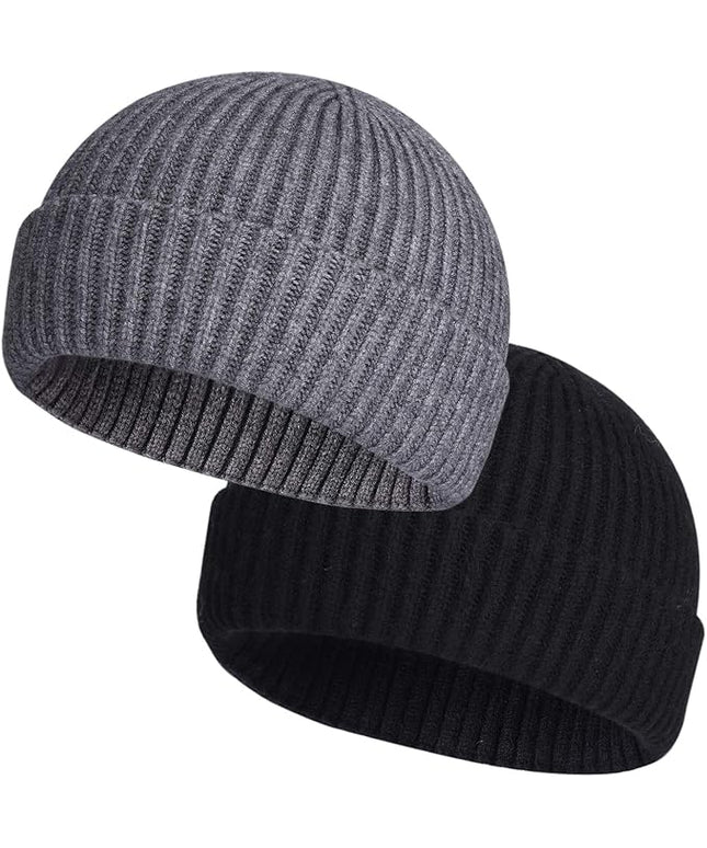 ROYBENS 2 Pack Wool Fisherman Beanies for Men, Knit Short Watch Cap Winter Warm Hats