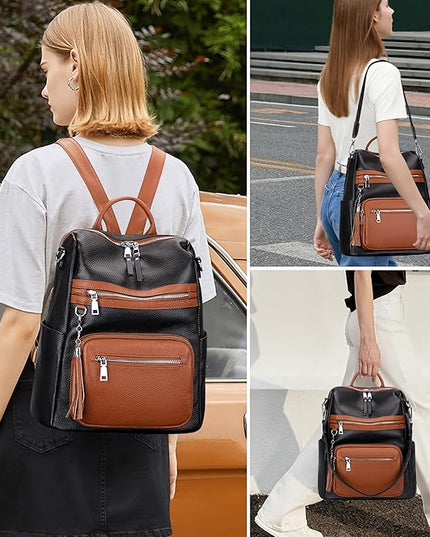 ALTOSY Genuine Leather Backpack Purse for Women Large Shoulder Bag With Laptop Compartment Multiple Pockets (S106 Black/Brown)