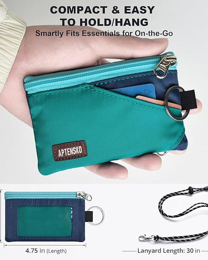 RFID Travel Wallet with Adjustable Lanyard-Zipper Small Wallet with ID Card Holder, Keychain for women&men-Minimalist Slim Waterproof Nylon case for ID, Cash, Key (Turquoise+Navy)