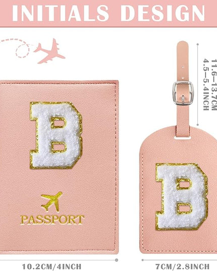 COSHAYSOO Initial Passport Cover and Luggage Tag Set with Chenille Letter Patch for Women Teenage Girls, 2 Pcs Double Passport Holder Best Bag Suitcase Identifier Pink B
