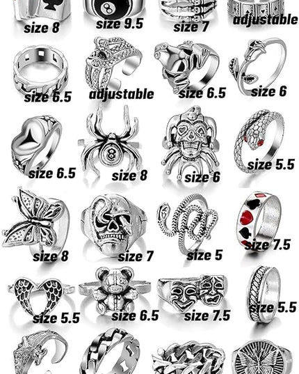 KISS WIFE Cool Rings Set for Women, Vintage Silver Punk Rings Bulk, Gothic Chunky Knuckle Emo Stackable Finger Ring Pack Western Jewelry Gift for Her