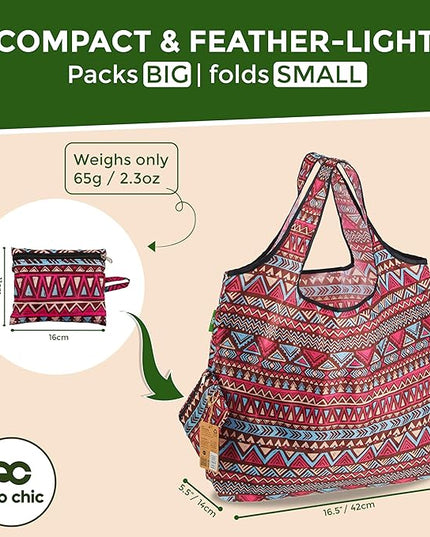 ECO CHIC Foldable Reusable Large Recycled Grocery Bags Lightweight Shopping Tote Bags with Storage Pouch - Collection of 4 bags