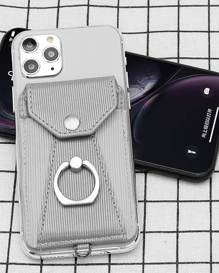 Cell Phone Case, Grey - Slim Wallet with Card Slot, 360 Degree Rotation Ring Stand & Neck Strap, Adhesive Stick-on Credit Card Holder