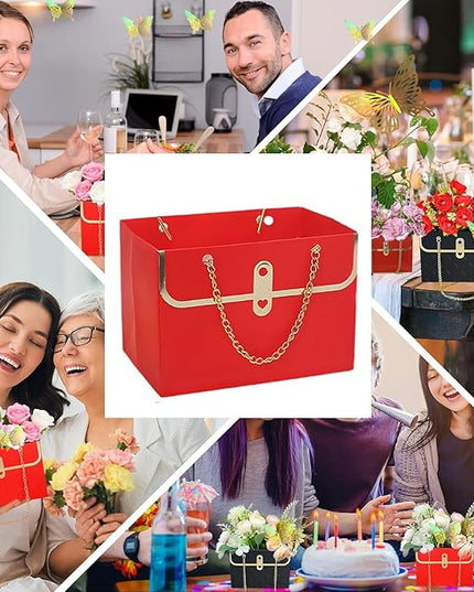 JHXTZ 10 Pack Flower Paper Gift Bags with 12pcs Gold Dazzle 3D Butterfly Decoration, Portable Floral Handbag Box with Metal Chain, Florist Carrier for Valentine's Day Birthday Gifts(Red)