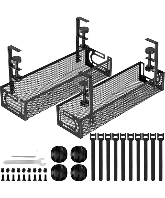Cable Management, 2 Pack Cable Management Under Desk No Drill, Metal Cord Organizer with Clamp for Standing Desk, Cable Organizer for Home Office, Black