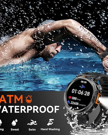 Military Smart Watch for Men with LED Flashlight 1.45” Rugged 3ATM Waterproof Smart Watch with 100+ Sports Modes Fitness Tracker with Heart Rate Sleep Monitor Tactical Smartwatch for iPhone Android