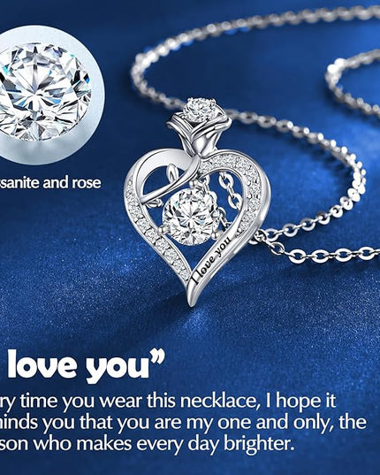 Rose Heart Pendant Necklace Gifts for Wife, Engraved 'I love you' Gift for Wife Girlfriend, Anniversary Birthday Eternity Jewelry Present for Women, Moissanite Necklace Gift for Her