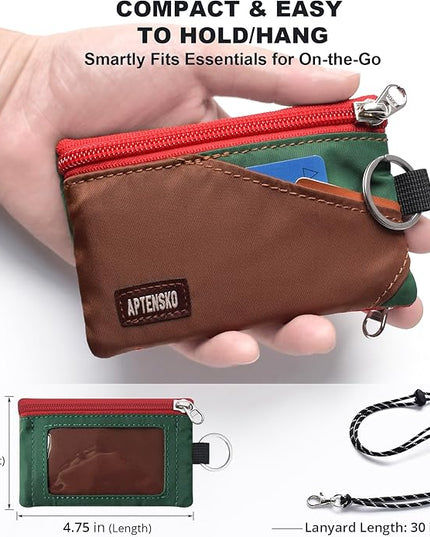 RFID Travel Wallet with Adjustable Lanyard-Zipper Small Wallet with ID Card Holder, Keychain for women&men-Minimalist Slim Waterproof Nylon case for ID, Cash, Key (Coffee+DarkYellow)