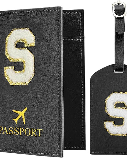 PATIKIL Passport Holder for Travel, Initial Passport Cover and Luggage Tag Set with Alphabet Chenille Letter Patch Travel Wallet Bag Suitcase Identifier for Women Family Travel Black S
