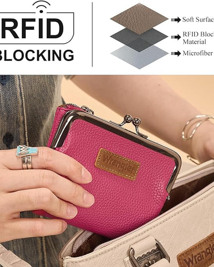 Montana West Wrangler Women's Wallet RFID Blocking Wallets Small Bifold Credit Card Holder with Kiss Clasp Hot Pink