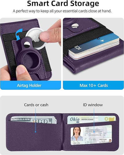 for Magsafe Wallet Stand with Airtag Holder, Strongest Magnetic Wallet for iPhone 17/16/15/14/13/12 Series, ID Window, 4 Card Slots, 10 Cards Holder, Vegan Leather, RFID Blocking, Purple