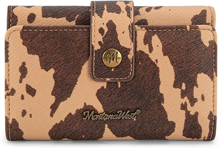 Montana West Brown Cow Print Wallet Women Small Trifold Wallet Ladies Female Credit Cash Wallets Western Travel Clutch Wallets with ID Window and RFID Lining
