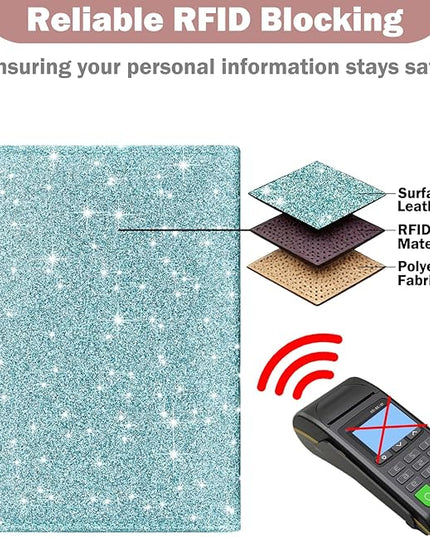 HOTCOOL Passport Holder Travel Essentials Airplane & Cruise Essentials Ship Leather Wallet Cover Case RFID Blocking Women & Men Vacation Travel Accessories Gifts Deals, Glitter - Blue