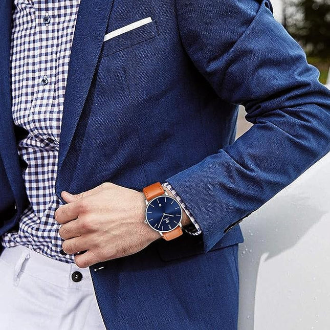 L LAVAREDO Watch for Men, Extremely Thin Mens Watches Minimalist Analog Men's Leather Wrist Watches with Time/Date, Birthday Gift for Men Boyfriend