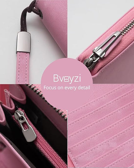 Bveyzi Women RFID Blocking Wallet Leather Zip Around Phone Clutch Large Capacity Ladies Travel Purse Wristlet | RFID Blocking, Zip Around, Large Capacity