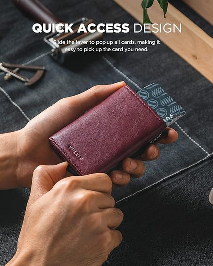 VULKIT Pop up Card Wallet Minimalist Cash Wallets RFID Blocking Leather Smart Credit Card Holder with ID window for Men (Wine)