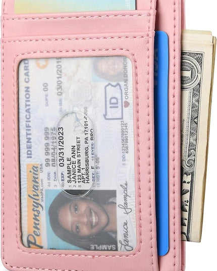 Buffway Slim Minimalist Front Pocket RFID Blocking Leather Wallets for Men and Women - Alaska Pink