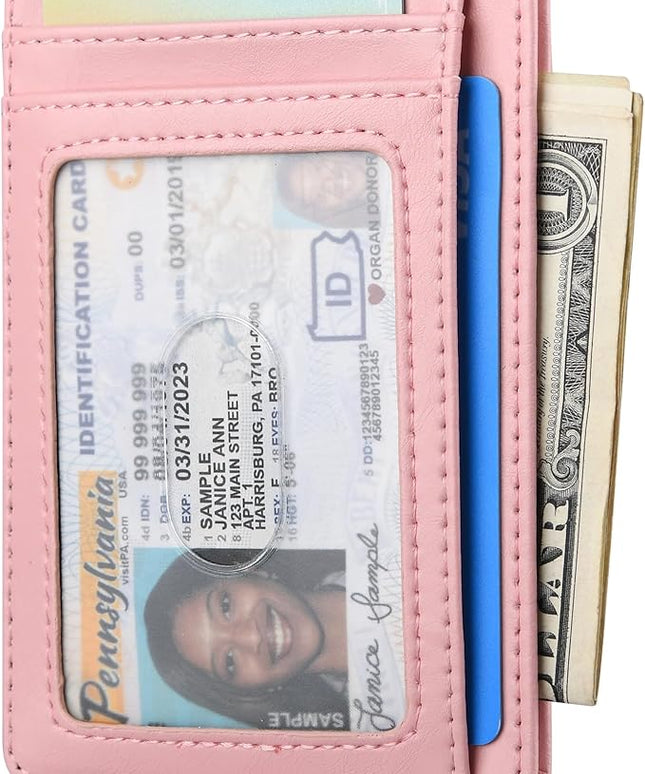 Buffway Slim Minimalist Front Pocket RFID Blocking Leather Wallets for Men and Women - Alaska Pink