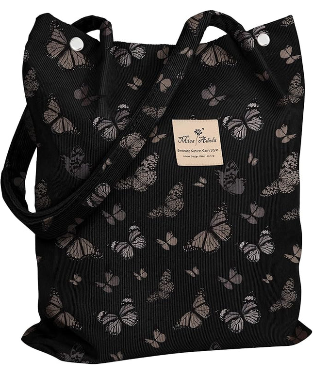 Corduroy Tote Bag for Women - Reusable Totes with Pocket & Buckle Cute Aesthetic Shoulder Bag for Work Travel