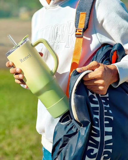 Renoj Tumbler with Handle 100% Leak Proof Insulated Water Bottle for Iced Coffee & Hot Drinks - Fits Car Cup Holder, Ideal Gift, 2 Straws & Silicone Boot BPA-Free - SnapShift Green Gradient 40 oz