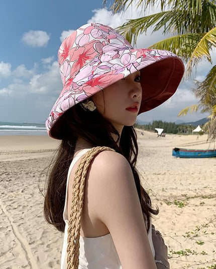 HUAMULAN Women Summer Sun Hat Wide Brim Wired Edge Floral Beach Bucket Hats Reversible Foldable Travel UV Protection Lady Hat