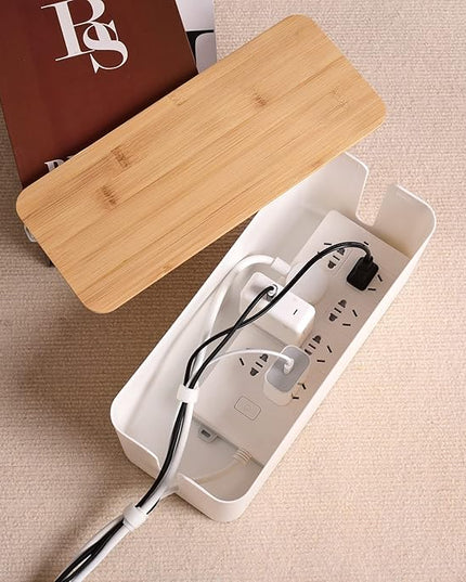 Cable Management Box - Wooden Style Cord Organizer Box to Hide Wires & Power Strips | Desk Computer Cable Organizer Box | Safe ABS Material | 12.6" (L) x 5.3" (W) 4.9" (H) | for Home & Office - White
