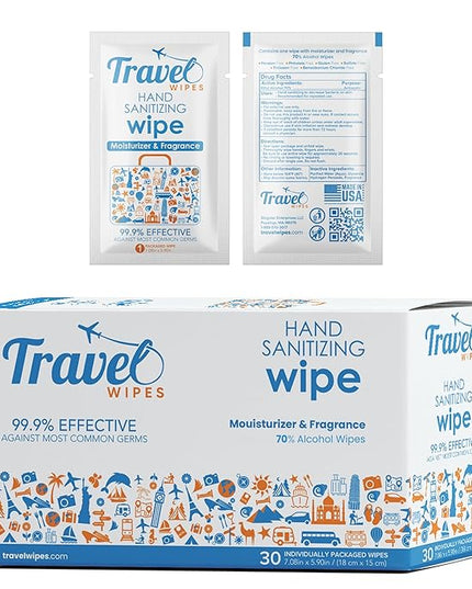 Hand Sanitizing Travel Wipes – 30ct Individually Wrapped | Fresh Citrus Scent, Moisturizing, 70% Alcohol Wipes | Travel, Home, Office, Daily Use | Made in USA