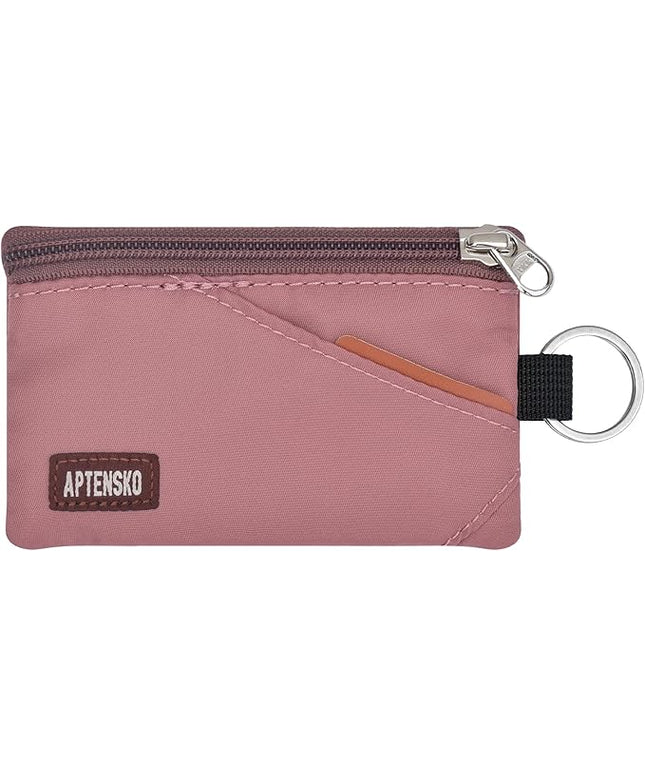 RFID Travel Wallet with Adjustable Lanyard-Zipper Small Wallet with ID Card Holder, Keychain for women&men-Minimalist Slim Waterproof Nylon case for ID, Cash, Key (Warm Mauve)