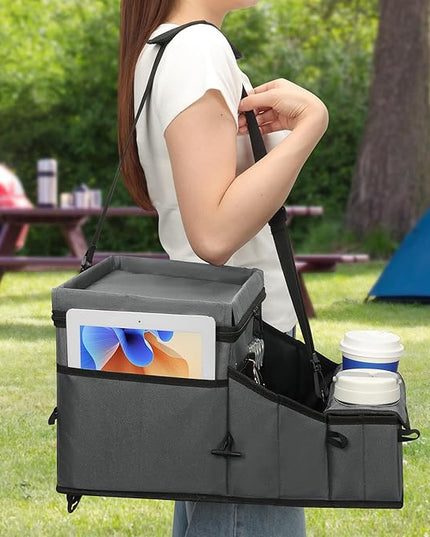 Car Seat Organizer, Backseat Car Organizer with Cup Holder Tray and Storages for Kids and Adults, Portable Travel Cooler for Car for Front or Back Seat Passenger Organizer Ccompartment (Grey)