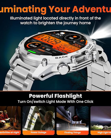 Hwagol Smart Watches for Men (Call/Notification),1.52'' Military Smart Watch, Two Style Kits,Flashlight,100+Sport Modes/Heart Rate/Sleep Monitor/Pedometer (Silver)