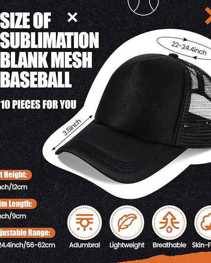 10 Pcs Sublimation Blank Trucker Hats Bulk Mesh Baseball Cap Polyester Mesh Trucker Hat for Men and Women