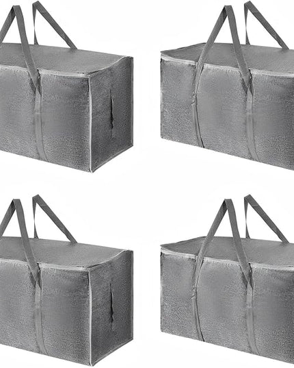 4 Pack-Extra Large Heavy Duty Moving Bags - Waterproof Storage Totes with Handles & Zippers, Foldable for College Dorm, Storage (Gray)