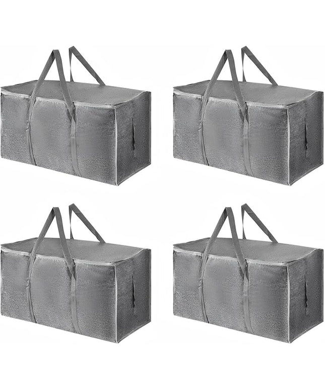 4 Pack-Extra Large Heavy Duty Moving Bags - Waterproof Storage Totes with Handles & Zippers, Foldable for College Dorm, Storage (Gray)