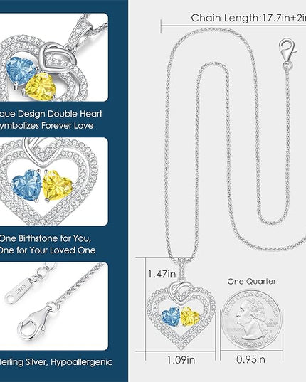 LOUISA SECRET Sparkling Double Heart Birthstone Necklaces for Women, 925 Sterling Silver Fine Jewelry, Pendant Heart Necklaces Birthday Anniversary Christmas Gift for Women Wife Mom Girlfriend Lady