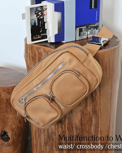 Women's Zipper Pockets Fanny Packs Nylon Waist bag Everywhere Belt bag (Tan)
