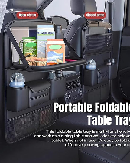 Car Backseat Organizer with Foldable Table Tray,Car Seat Back Protector with Touch Screen Phone Holder,Premium PU Leather Material,Compatible with Suitable for Most Car Travel Accessories