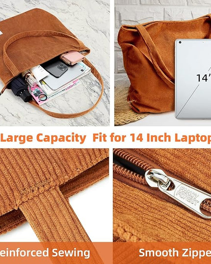 KALIDI Women Corduroy Tote Bag Zipper Casual Tote's Handbag Big Capacity Shoulder Bag with Pockets