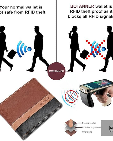 BOTANNER Mens Genuine Leather Bifold Wallet | RFID Blocking, 8 Credit Card Slots, 2 Sections for Bills & 2 Additional Slots | Tan/Camel/Black