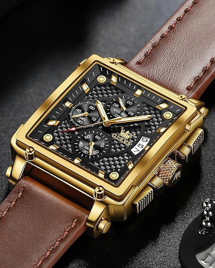 OLEVS Men's Chronograph Leather Watch, Big Face Easy to Read Analog Quartz Dress Watch, Casual Waterproof Luminous Hands Date Watches for Men, White/Blue/Black/Gold Dial