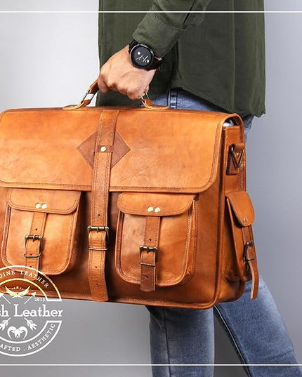 Vintage Leather Laptop Bag for Men Full Grain Large Leather Messenger bag for men 18 inches with rustic look Brown briefcase (Tan)