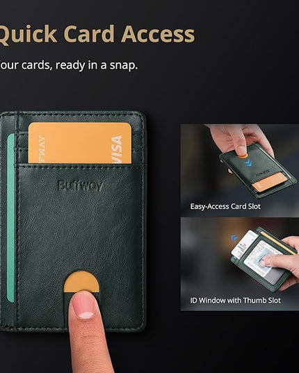 Buffway Slim Minimalist Front Pocket RFID Blocking Leather Wallets for Men and Women - Alaska Green