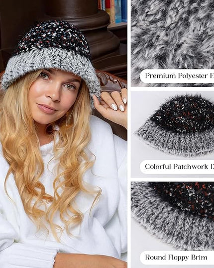 YI HENG MEI Women Knit Bucket Hat, Fluffy Winter Fisherman Hat Fuzzy Soft Warm Beanie Caps Women Cloche Caps Warm Bowler Hats